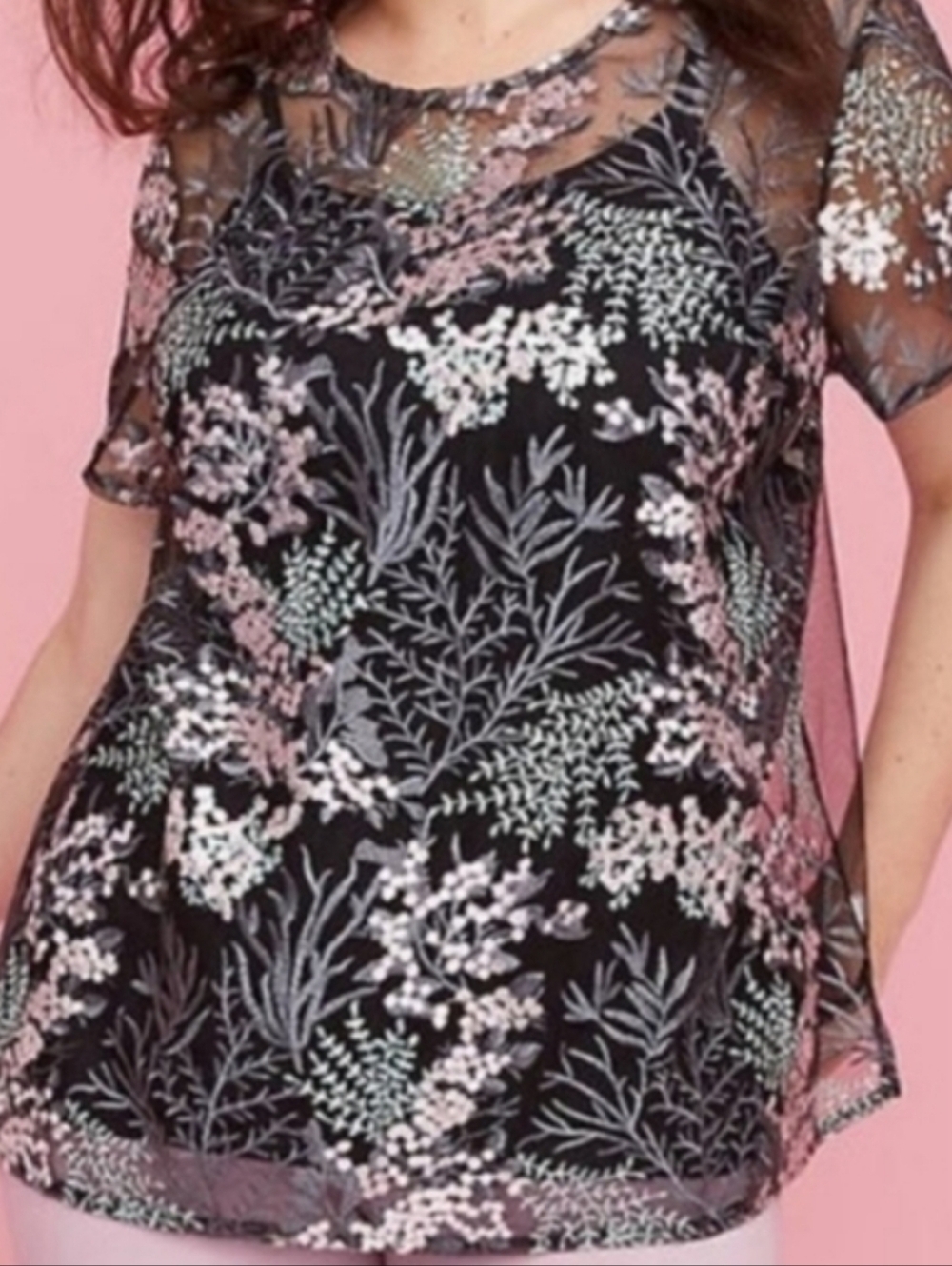 18 / 20 • Lane Bryant • Pastel Floral Embroidery Black Mesh Short-Sleeve Overlay